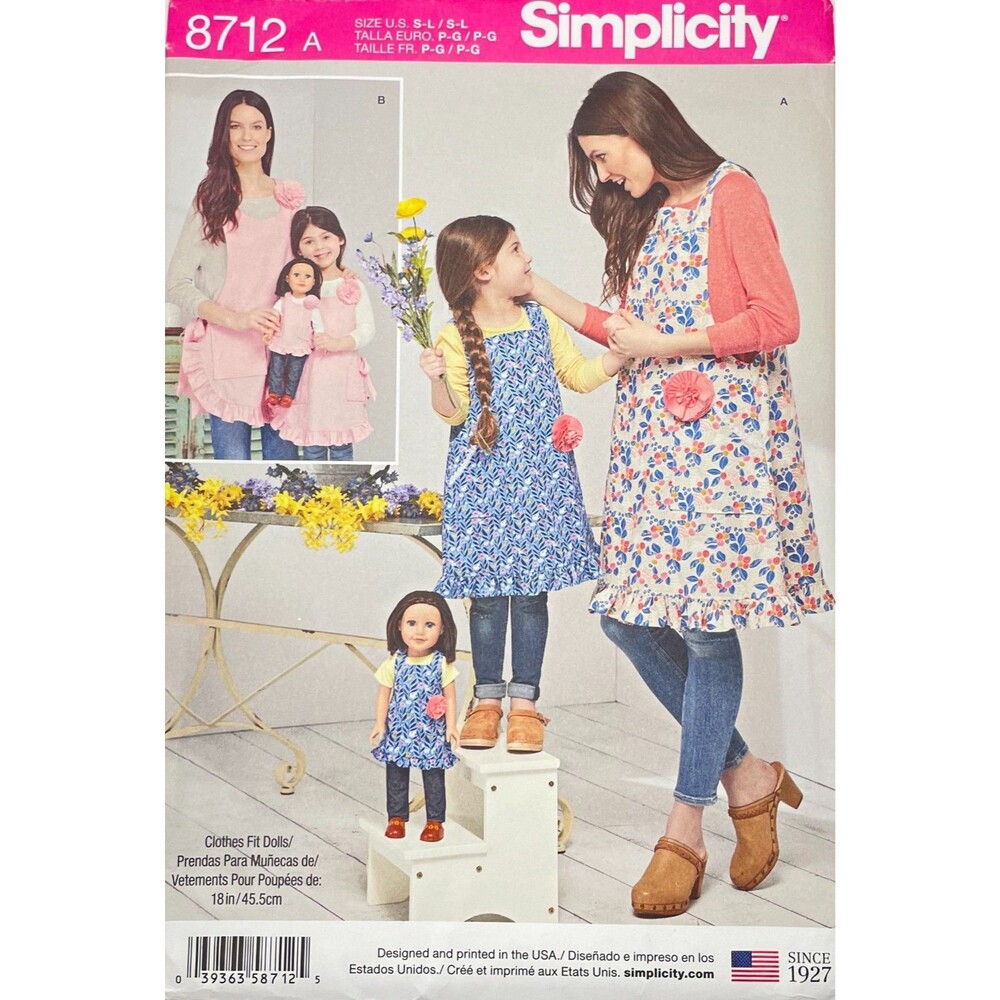 Pattern Misses Child 18" Doll Size A S Cross Back Aprons Simplicity 8712 New/Unc